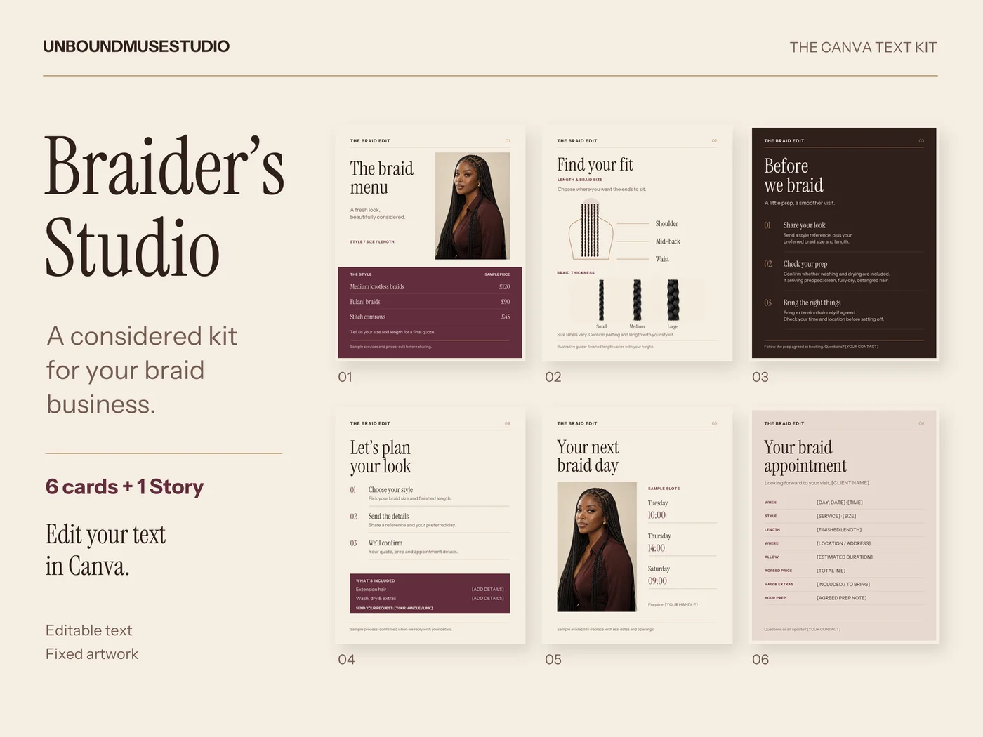 Braider’s Studio — Canva templates for braiding services & booking details product preview