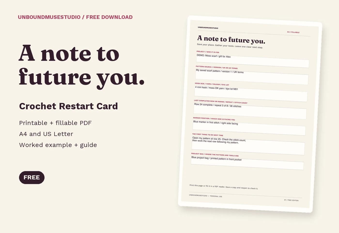 Crochet Restart Card product preview: Free printable & fillable crochet project note