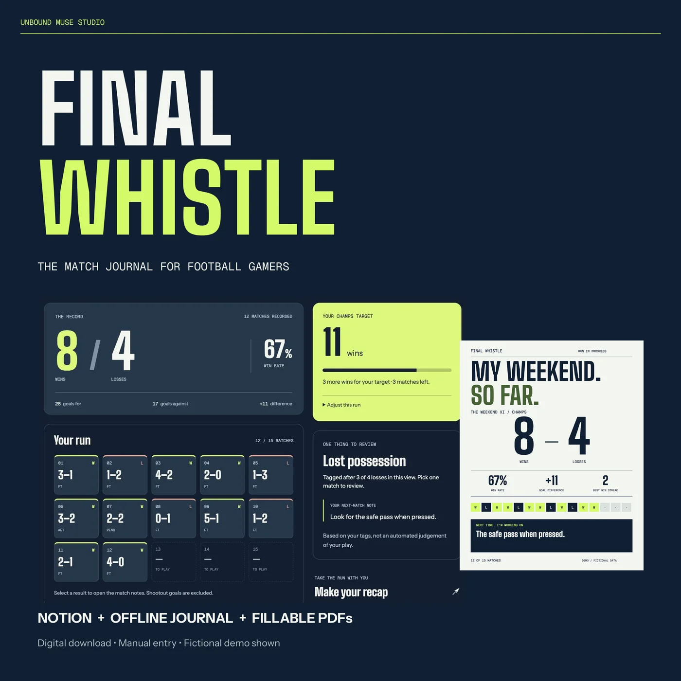Final Whistle — Champs match tracker & gaming journal product preview