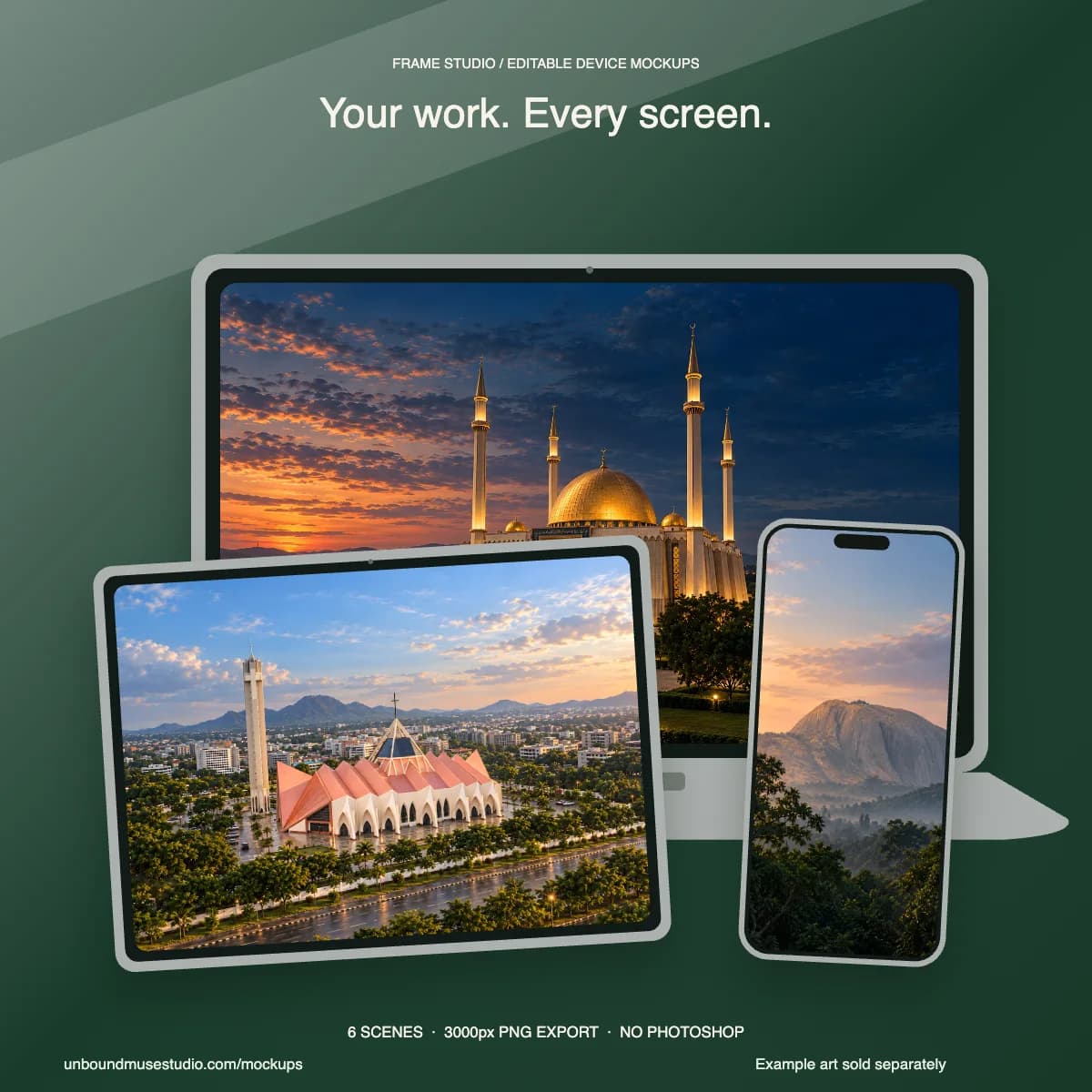 Frame Studio phone, tablet and laptop mockup layouts