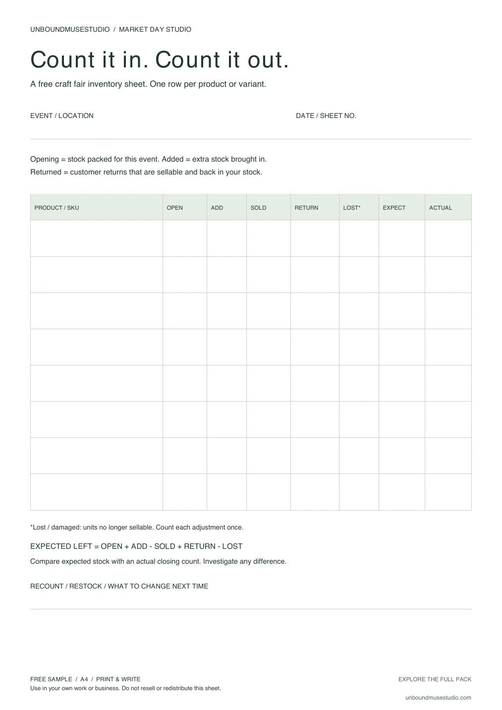 Preview of the actual Craft fair inventory sheet PDF, showing eight rows for products or variants