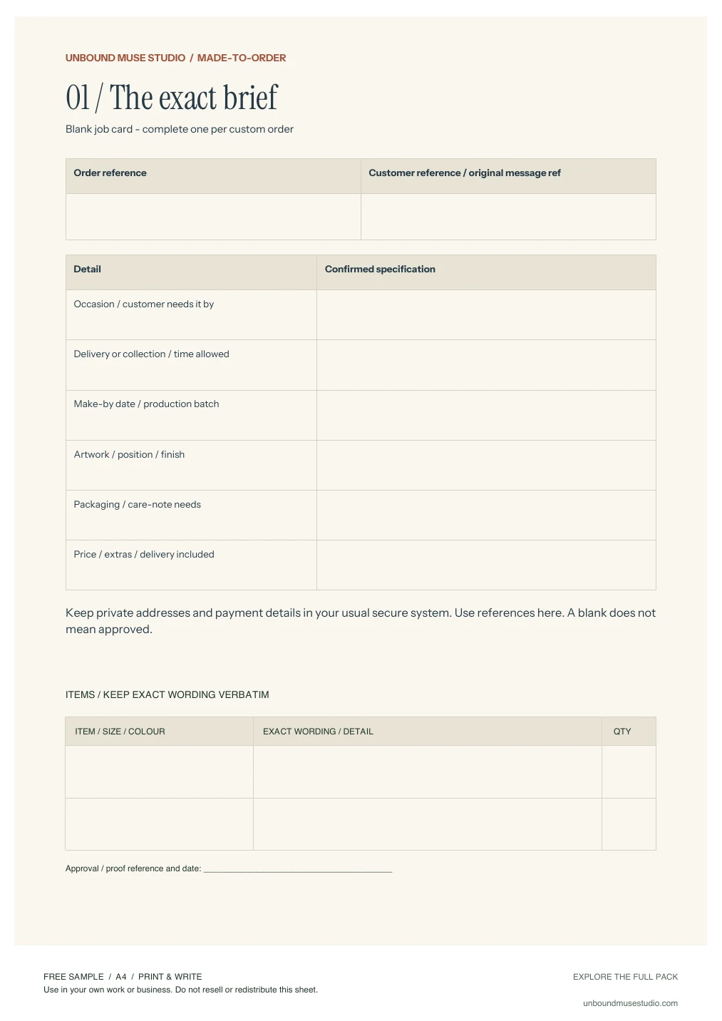 Preview of the actual Custom order form PDF, showing order and customer-message references