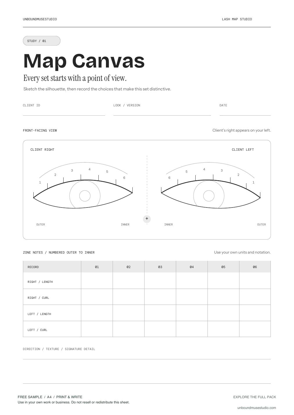 Preview of the actual Lash map PDF, showing front-facing right and left eye outlines