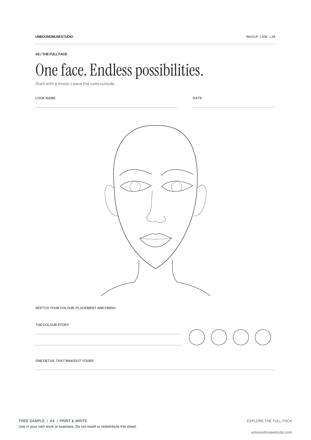 Preview of the actual Makeup face chart PDF, showing an original blank full-face outline