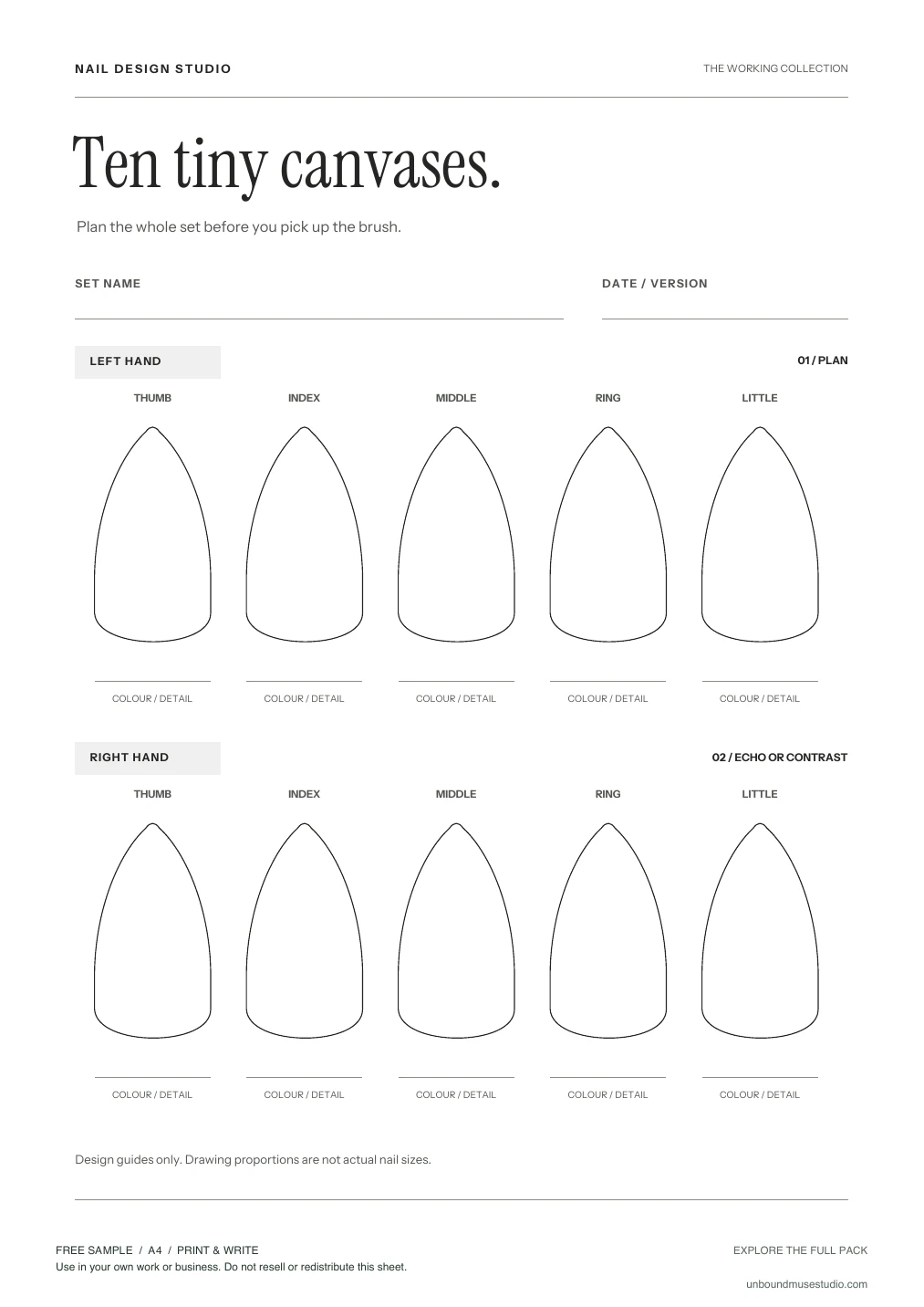 Preview of the actual Nail art practice sheet PDF, showing ten blank almond-style nail outlines