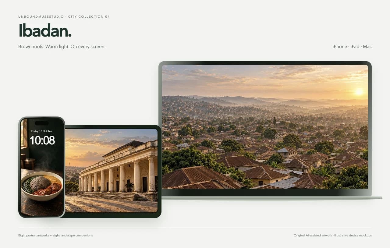 Ibadan wallpaper collection presented on an illustrative MacBook, iPad and iPhone: brown rooftops at dawn, golden-hour Mapo and a warm bowl of amala.