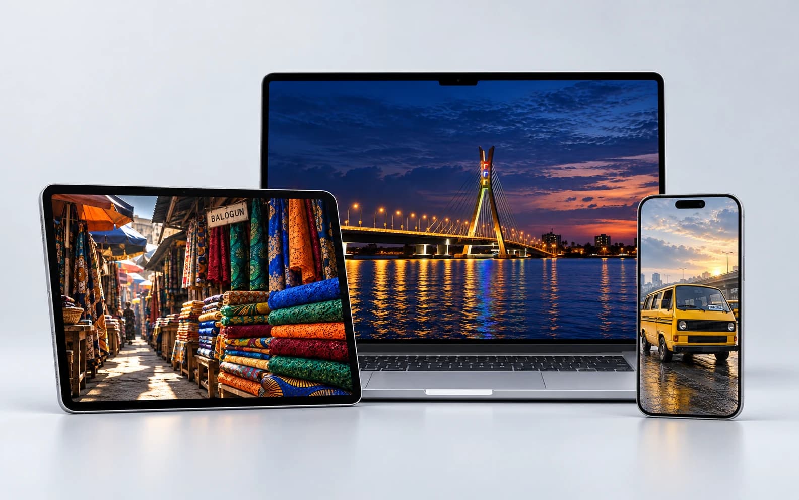 Lagos wallpaper collection presented on an illustrative MacBook, iPad and iPhone: Lekki–Ikoyi bridge, Balogun fabrics and a yellow danfo.