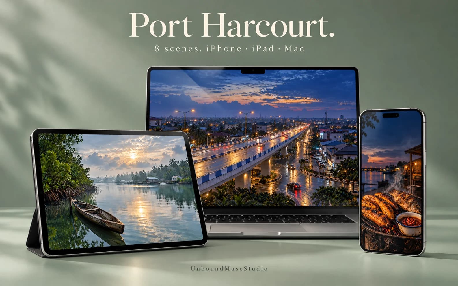 Port Harcourt wallpaper collection presented on an illustrative MacBook, iPad and iPhone: Rumuola at blue hour, quiet creek water and a glowing bole grill.