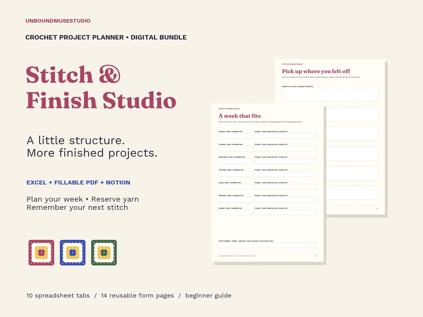 Stitch & Finish Studio — Crochet project planner & yarn stash tracker product preview