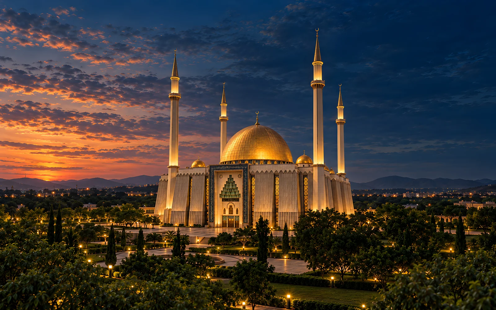Golden Hour on an illustrative Mac screen. The golden dome and minarets of Abuja National Mosque against a midnight blue sky.
