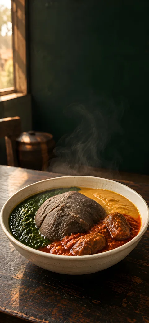 Amala, ewedu, gbegiri and a little rising steam. AI-assisted Ibadan artwork.