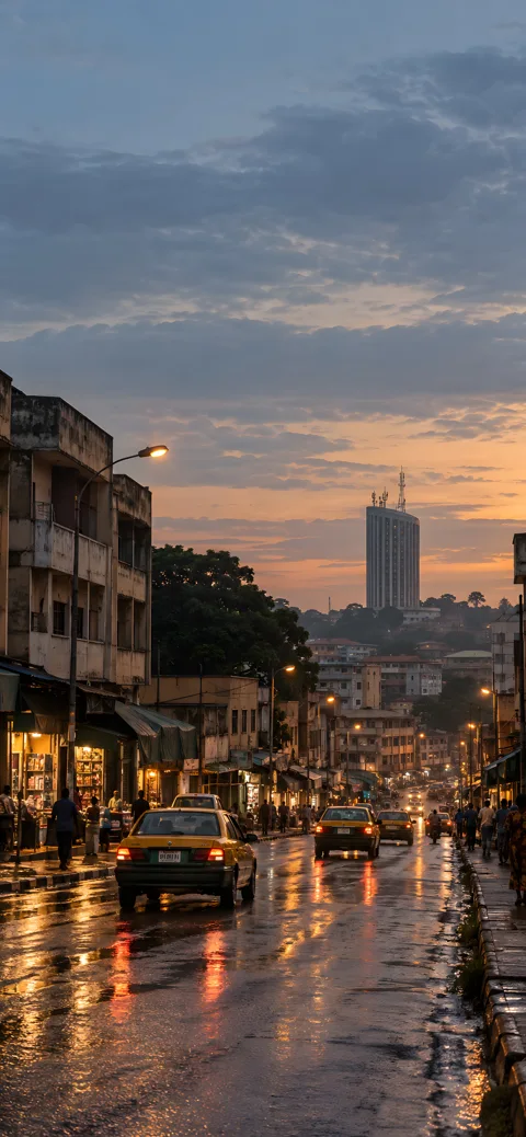 Wet streets, shopfront light and the journey home. AI-assisted Ibadan artwork.