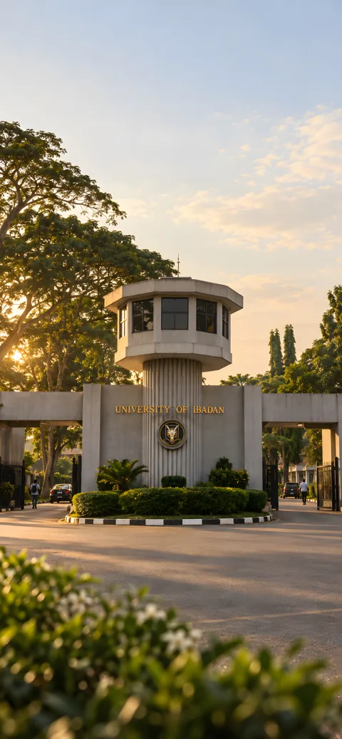 The familiar gate, framed by afternoon trees. AI-assisted Ibadan artwork.
