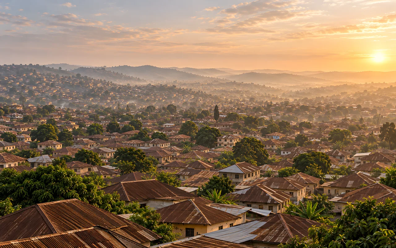 Brown Roofs, First Light on an illustrative Mac screen. Copper rooftops, soft haze and a city waking slowly. AI-assisted Ibadan artwork.