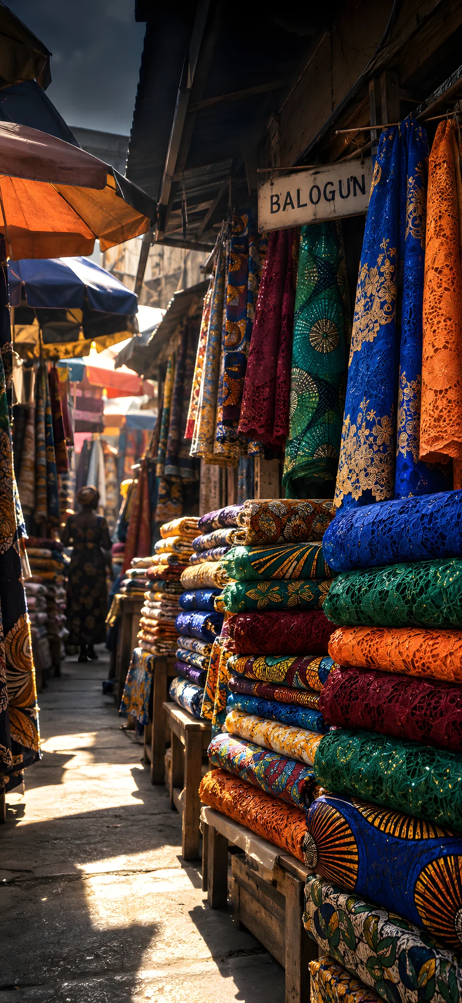 Colourful lace and fabric displayed along a narrow Balogun Market passage.