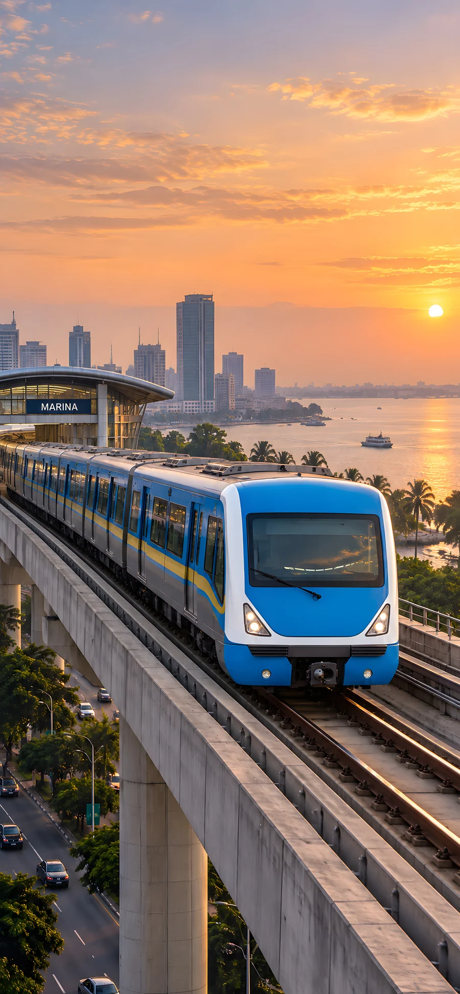 A blue and white Lagos metro train on an elevated viaduct beside the lagoon.