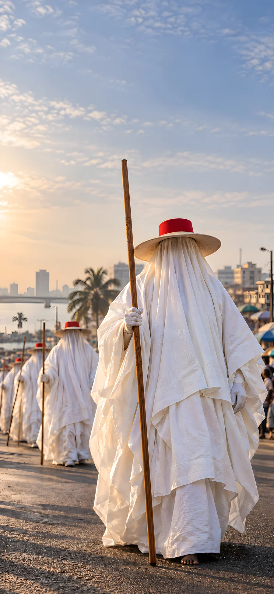 White-clad Eyo figures with broad-brimmed hats and ceremonial staffs in warm Lagos light.