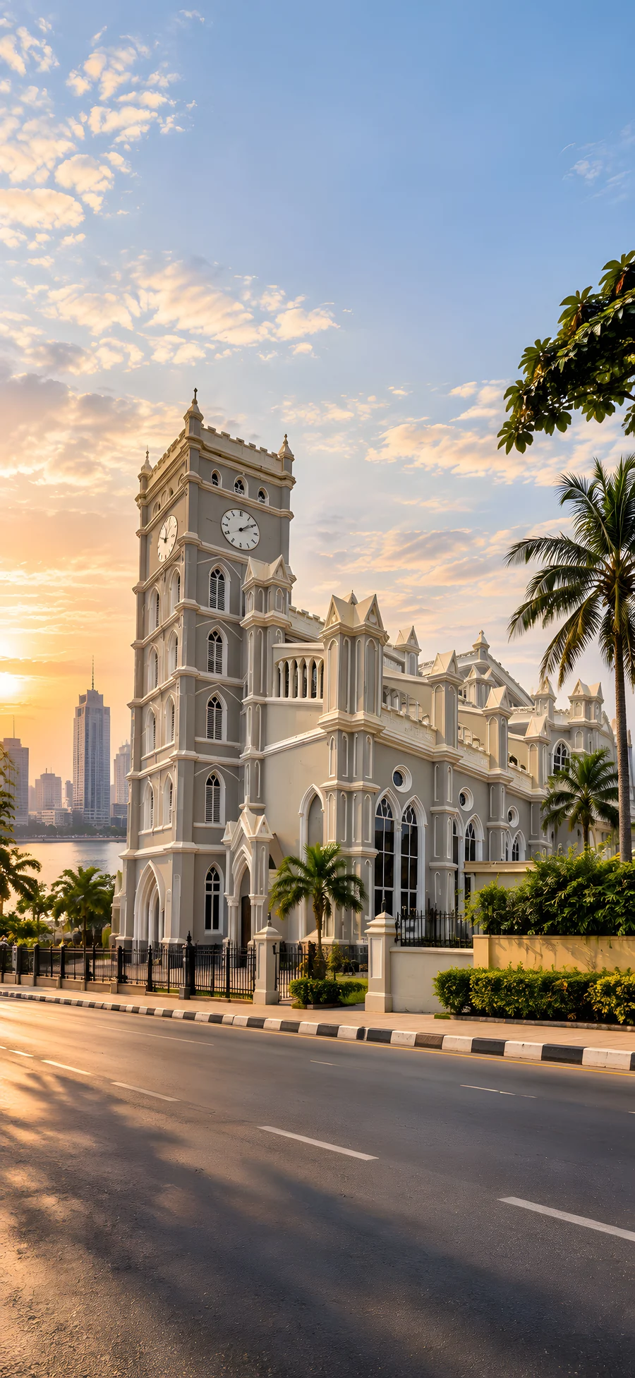 The Cathedral Church of Christ at Marina, with its square clock tower in morning light.