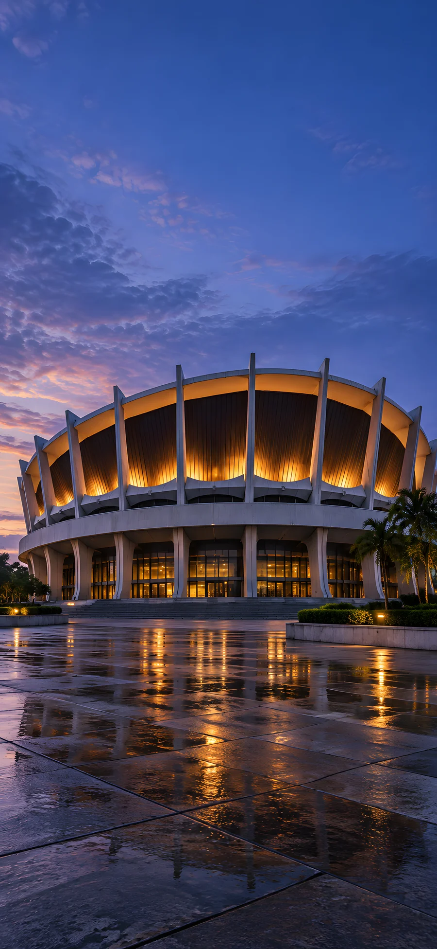 The National Theatre’s sculptural roof and concrete ribs at twilight.