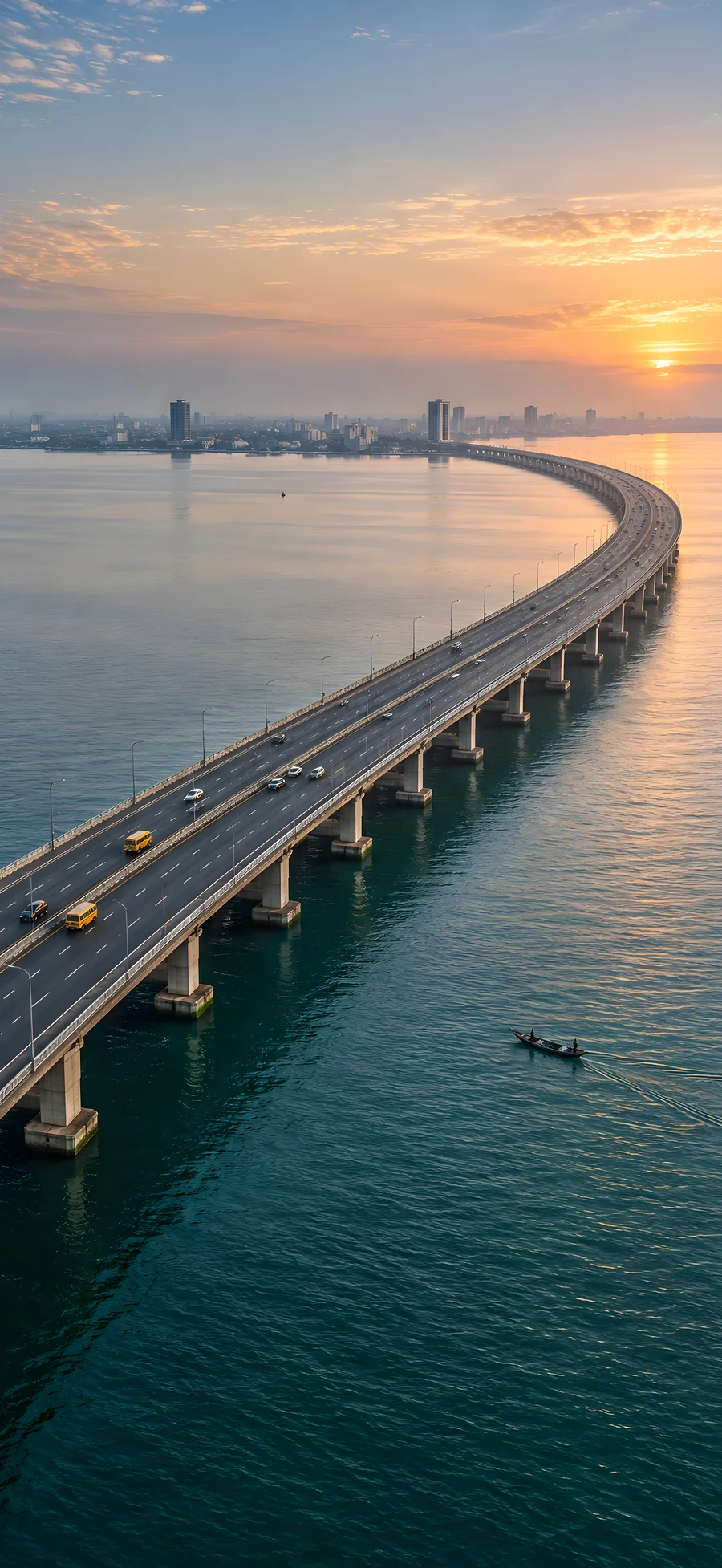 A long sweep of low concrete bridge across the Lagos lagoon at dawn.