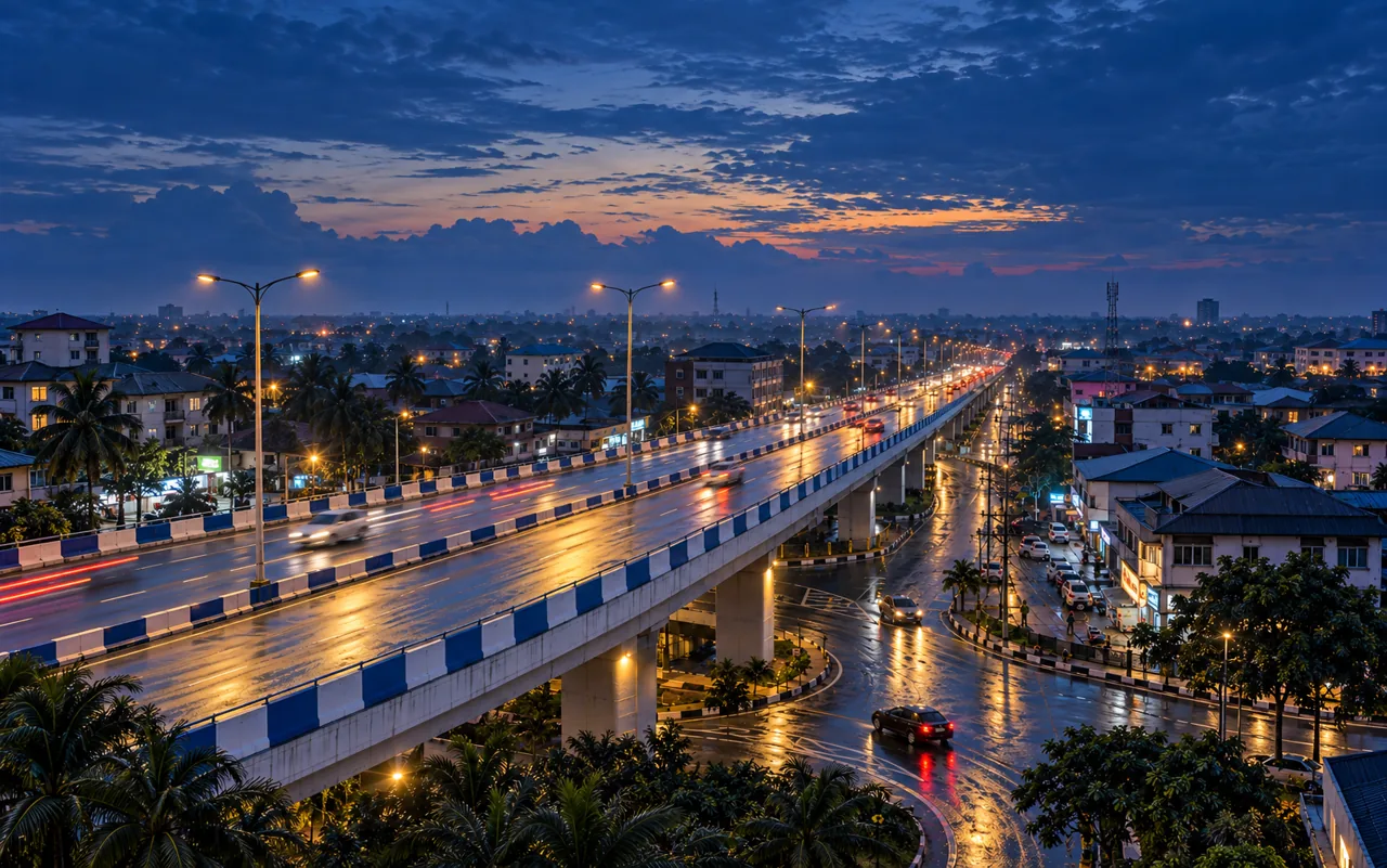 Rumuola, Blue Hour on an illustrative Mac screen. Blue-and-white barriers, rain and ribbons of light. AI-assisted Port Harcourt artwork.